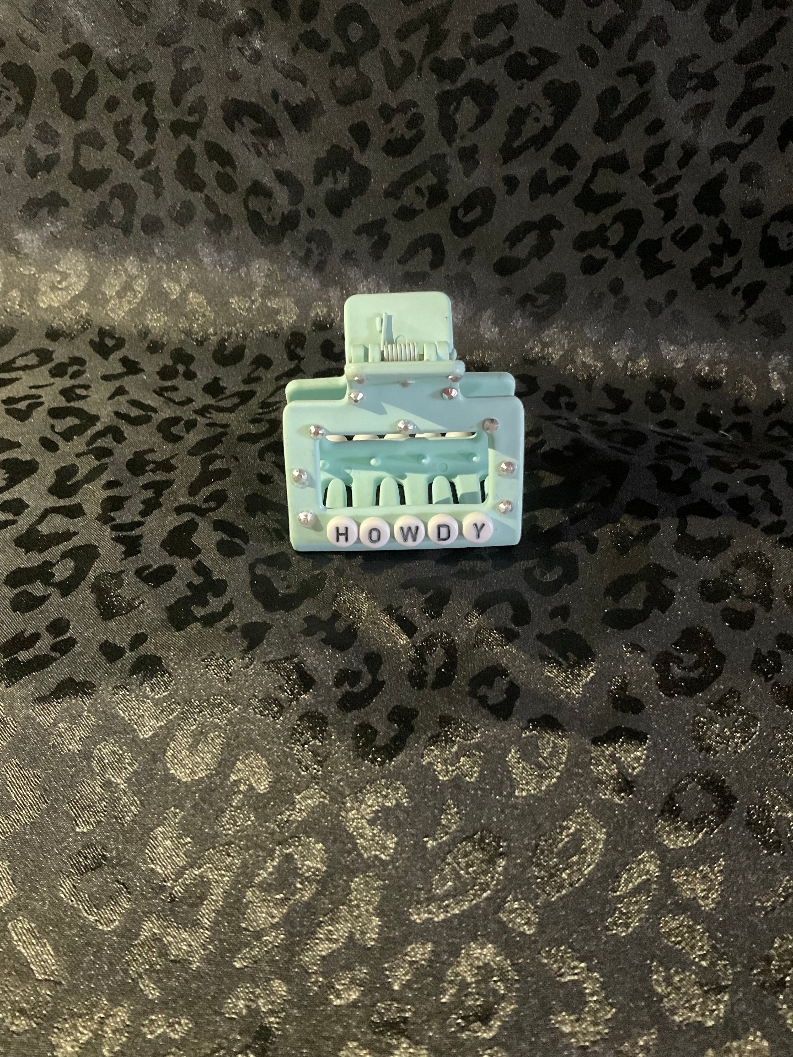 Bedazzled Howdy Teal Claw Clip